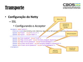 Transporte
• Configuração do Netty
– SSL

Ativa o SSL

Caminho da
keystore no
servidor.

• Configurando o Acceptor

Senha da keystore

Senha do
certificado

Caminho do
certificado.

 
