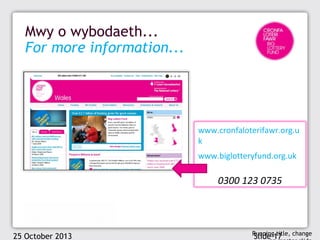 Mwy o wybodaeth...
For more information...

www.cronfaloterifawr.org.u
k
www.biglotteryfund.org.uk

0300 123 0735

25 October 2013

Running title, change

Slide 17

 