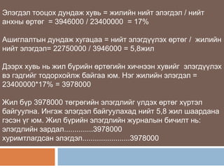 Элэгдэл тооцох дундаж хувь = жилийн нийт элэгдэл / нийт
анхны өртөг = 3946000 / 23400000 = 17%
Ашиглалтын дундаж хугацаа = нийт элэгдүүлэх өртөг / жилийн
нийт элэгдэл= 22750000 / 3946000 = 5,8жил
Дээрх хувь нь жил бүрийн өртөгийн хичнээн хувийг элэгдүүлэх
вэ гэдгийг тодорхойлж байгаа юм. Нэг жилийн элэгдэл =
23400000*17% = 3978000
Жил бүр 3978000 төгрөгийн элэгдлийг үлдэх өртөг хүртэл
байгуулна. Ингэж элэгдэл байгуулахад нийт 5,8 жил шаардана
гэсэн үг юм. Жил бүрийн элэгдлийн журналын бичилт нь:
элэгдлийн зардал..............3978000
хуримтлагдсан элэгдэл.......................3978000

 
