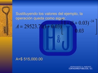 Sustituyendo los valores del ejemplo, la
operación queda como sigue:

 1 − (1 + 0.03)
A = 29523.71(1 + 0.03) 
0.03


A=$ 515,000.00

− 24





 