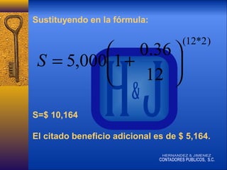 Sustituyendo en la fórmula:

 0.36 
S = 5,0001 +

12 


(12*2 )

S=$ 10,164
El citado beneficio adicional es de $ 5,164.

 