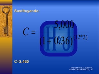 Sustituyendo:

5,000
C=
(12*2 )
(1 + 0.36)
C=2,460

 