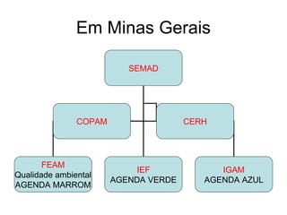 Em Minas Gerais
SEMAD

COPAM

FEAM
Qualidade ambiental
AGENDA MARROM

CERH

IEF
AGENDA VERDE

IGAM
AGENDA AZUL

 