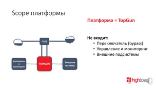 Scope платформы
Платформа = TopGun
Не входит:
• Переключатель (bypass)
• Управление и мониторинг
• Внешние подсистемы

FUSE

Управление
и
мониторинг

TOPGUN

Внешние
системы

 