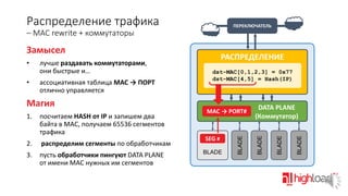 Распределение трафика

ПЕРЕКЛЮЧАТЕЛЬ

– MAC rewrite + коммутаторы

Замысел

1.

посчитаем HASH от IP и запишем два
байта в MAC, получаем 65536 сегментов
трафика

2.

распределим сегменты по обработчикам

3.

пусть обработчики пингуют DATA PLANE
от имени MAC нужных им сегментов

MAC → PORT#

SEG #
BLADE

DATA PLANE
(Коммутатор)
BLADE

Магия

dst-MAC[0,1,2,3] = 0x77
dst-MAC[4,5] = Hash(IP)

BLADE

ассоциативная таблица MAC → ПОРТ
отлично управляется

РАСПРЕДЕЛЕНИЕ

BLADE

•

лучше раздавать коммутаторами,
они быстрые и…

BLADE

•

 