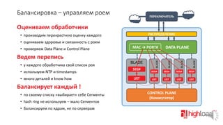 Балансировка – управляем роем

ПЕРЕКЛЮЧАТЕЛЬ

Оцениваем обработчики
РАСПРЕДЕЛЕНИЕ

• производим перекрестную оценку каждого
• оцениваем здоровье и связанность с роем

BLADE

• используем NTP и timestamps

SEG#

• много деталей и know how

LIST

SEG#

SEG#

SEG#

SEG#

LIST

LIST

LIST

LIST

Балансирует каждый !
• по своему списку «выбирает» себе Сегменты

• hash ring не используем – мало Сегментов
• балансируем по ядрам, не по серверам

BLADE

• у каждого обработчика свой список роя

BLADE

Ведем перепись

DATA PLANE
BLADE

MAC → PORT#

MAC → PORT#

BLADE

• проверяем Data Plane и Control Plane

CONTROL PLANE
(Коммутатор)

 