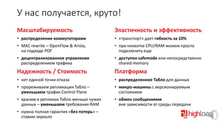 У нас получается, круто!
Масштабируемость

Эластичность и эффективность

• распределение коммутаторами

• «транспорт» дает гибкость за 10%

• MAC rewrite – OpenFlow & Arista,
на подходе POF

• при нехватке CPU/RAM можем просто
подключить еще

• децентрализованное управление
распределением трафика

• доступен safemode или непосредственно
shared memory

Надежность / Стоимость

Платформа

• нет единой точки отказа

• распределенное Табло для данных

• прореживаем репликации Табло –
уменьшаем трафик Control Plane

• микро-машины с версионируемым
состоянием

• храним в репликах Табло меньше чужих
данных – уменьшаем требования RAM

• обмен сообщениями
вне зависимости от среды передачи

• нужна полная гарантия «без потерь» –
ставим зеркало

 