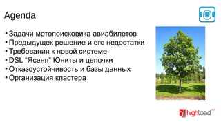 Agenda
Задачи метопоисковика авиабилетов
●
Предыдущек решение и его недостатки
●
Требования к новой системе
●
DSL “Ясеня” Юниты и цепочки
●
Отказоустойчивость и базы данных
●
Организация кластера
●

 