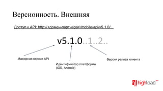 Версионность. Внешняя
Доступ к API: http://<домен-партнера>/mobile/api/v5.1.0/...

v5.1.0..1..2..
Мажорная версия API

Версия релиза клиента
Идентификатор платформы
(iOS, Android)

 