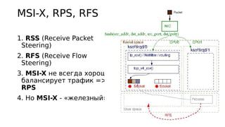 MSI-X, RPS, RFS
1. RSS (Receive Packet
Steering)
2. RFS (Receive Flow
Steering)
3. MSI-X не всегда хорошо
балансирует трафик =>
RPS
4. Но MSI-X - «железный»

 