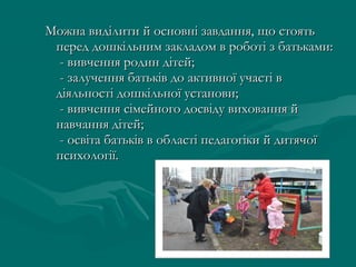 Можна виділити й основні завдання, що стоять
перед дошкільним закладом в роботі з батьками:
- вивчення родин дітей;
- залучення батьків до активної участі в
діяльності дошкільної установи;
- вивчення сімейного досвіду виховання й
навчання дітей;
- освіта батьків в області педагогіки й дитячої
психології.

 