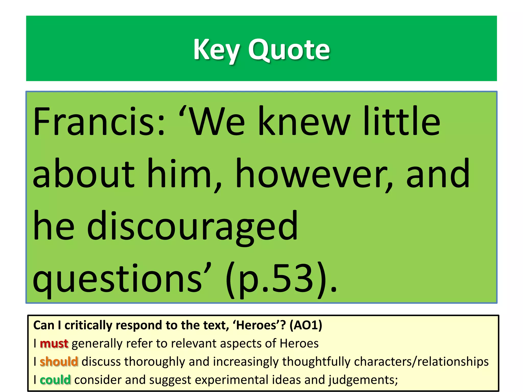 Key Quote

Francis: ‘We knew little
about him, however, and
he discouraged
questions’ (p.53).
Can I critically respond to the text, ‘Heroes’? (AO1)
I must generally refer to relevant aspects of Heroes
I should discuss thoroughly and increasingly thoughtfully characters/relationships
I could consider and suggest experimental ideas and judgements;

 