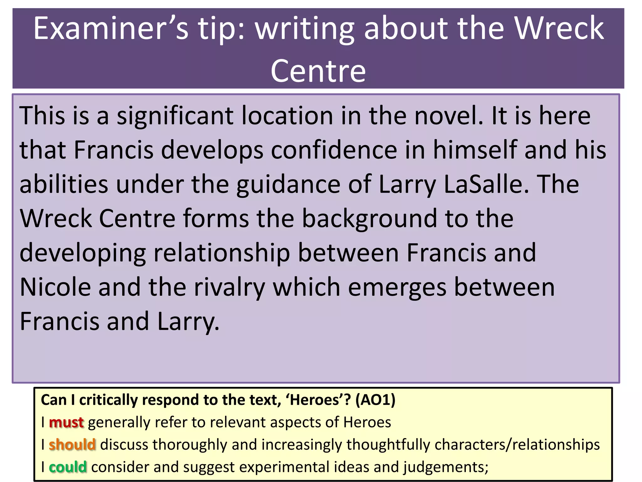 Examiner’s tip: writing about the Wreck
Centre
This is a significant location in the novel. It is here
that Francis develops confidence in himself and his
abilities under the guidance of Larry LaSalle. The
Wreck Centre forms the background to the
developing relationship between Francis and
Nicole and the rivalry which emerges between
Francis and Larry.
Can I critically respond to the text, ‘Heroes’? (AO1)
I must generally refer to relevant aspects of Heroes
I should discuss thoroughly and increasingly thoughtfully characters/relationships
I could consider and suggest experimental ideas and judgements;

 