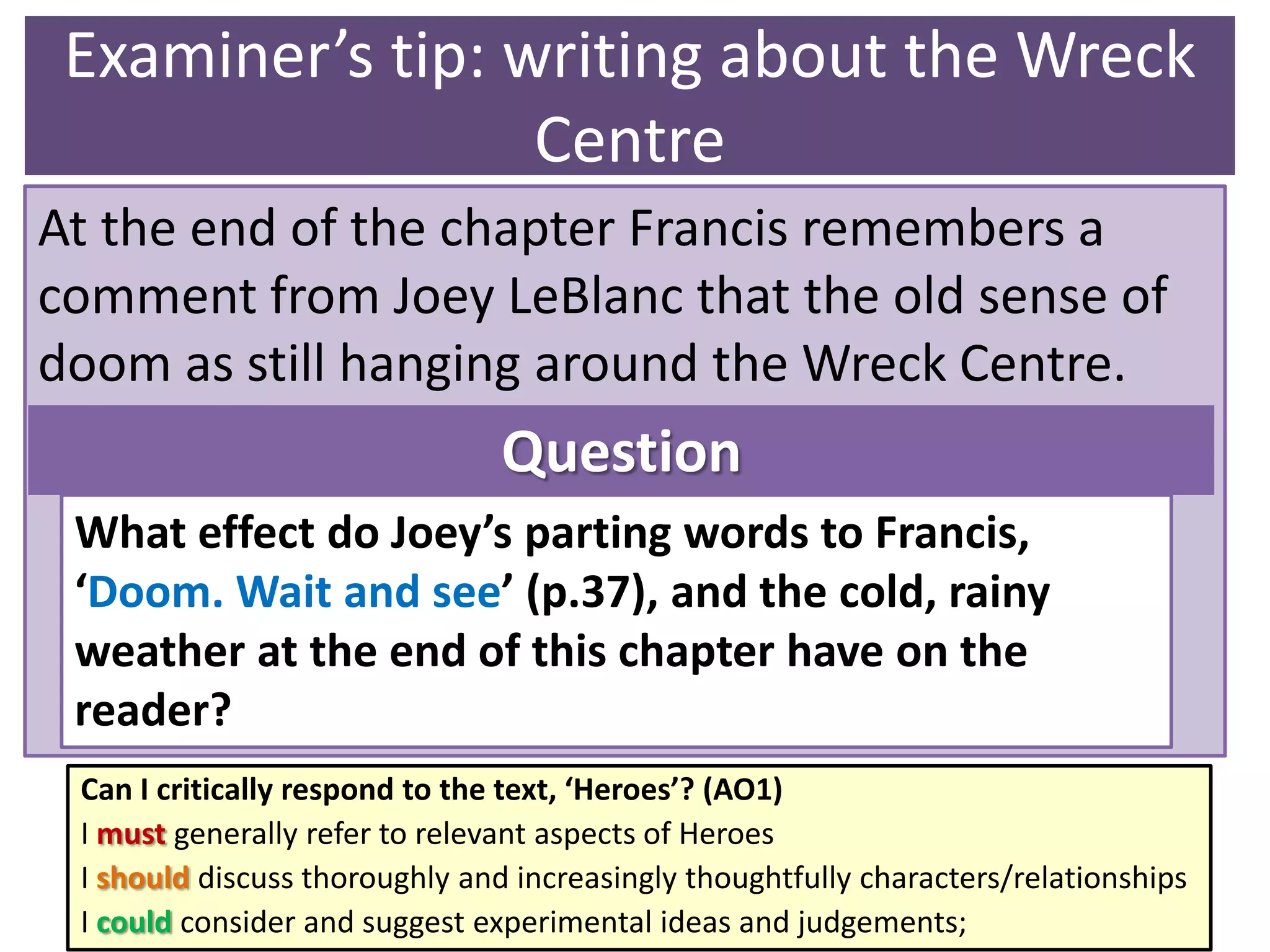 Examiner’s tip: writing about the Wreck
Centre
At the end of the chapter Francis remembers a
comment from Joey LeBlanc that the old sense of
doom as still hanging around the Wreck Centre.

Question
What effect do Joey’s parting words to Francis,
‘Doom. Wait and see’ (p.37), and the cold, rainy
weather at the end of this chapter have on the
reader?
Can I critically respond to the text, ‘Heroes’? (AO1)
I must generally refer to relevant aspects of Heroes
I should discuss thoroughly and increasingly thoughtfully characters/relationships
I could consider and suggest experimental ideas and judgements;

 