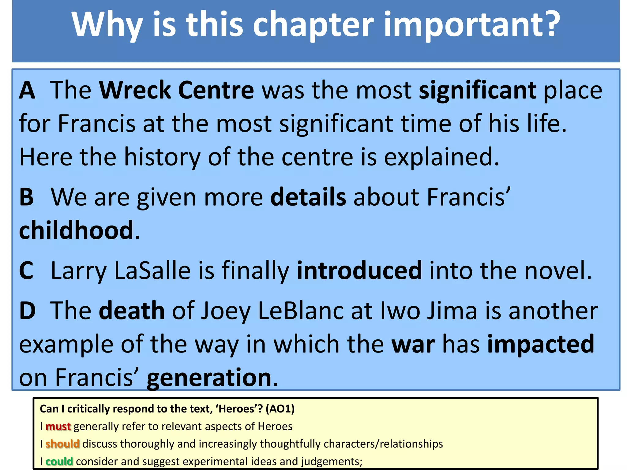 Why is this chapter important?
A The Wreck Centre was the most significant place
for Francis at the most significant time of his life.
Here the history of the centre is explained.
B We are given more details about Francis’
childhood.
C Larry LaSalle is finally introduced into the novel.
D The death of Joey LeBlanc at Iwo Jima is another
example of the way in which the war has impacted
on Francis’ generation.
Can I critically respond to the text, ‘Heroes’? (AO1)
I must generally refer to relevant aspects of Heroes
I should discuss thoroughly and increasingly thoughtfully characters/relationships
I could consider and suggest experimental ideas and judgements;

 