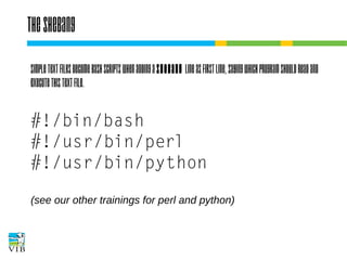 The shebang
Simple text files become Bash scripts when adding
a shebang line as first line, saying which program
should read and execute this text file.

#!/bin/bash
#!/usr/bin/perl
#!/usr/bin/python
(see our other trainings for perl and python)

 