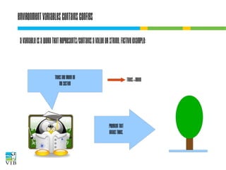 Environment variables contains configs
A variable is a word that represents/contains a
value or string. Fictive example:
TREES are green on
my system

TREES=green

Program that
Draws trees.

 