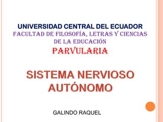 UNIVERSIDAD CENTRAL DEL ECUADOR
FACULTAD DE FILOSOFÍA, LETRAS Y CIENCIAS
DE LA EDUCACIÓN

PARVULARIA

GALINDO RAQUEL

 