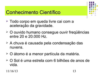 Conhecimento Científico


Todo corpo em queda livre cai com a
aceleração da gravidade.



O ouvido humano consegue ouvir freqüências
entre 20 e 20.000 Hz.



A chuva é causada pela condensação das
nuvens.



O átomo é a menor partícula da matéria.



O Sol é uma estrela com 6 bilhões de anos de
vida.

11/16/13

13

 