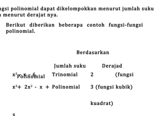 ngsi polinomial dapat dikelompokkan menurut jumlah suku
n menurut derajat nya.
Berikut diberikan beberapa contoh fungsi-fungsi
polinomial.

x 2Polinomial
–x–6

Berdasarkan

Jumlah suku

Trinomial

x 3 + 2x 2 - x + Polinomial

2

Derajad

(fungsi

3 (fungsi kubik)
kuadrat)

 