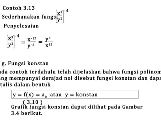 Contoh 3.13

x 3 –4
Sederhanakan fungsi 2
y
Penyelesaian
x 3 –4
x –12 = y 8
y 2 = y –8
x 12

g. Fungsi konstan

ada contoh terdahulu telah dijelaskan bahwa fungsi polinom
ang mempunyai derajad nol disebut fungsi konstan dan dapa
tulis dalam bentuk
y = f(x) = a 0 atau y = konstan
( 3.10 )
Grafik fungsi konstan dapat dilihat pada Gambar
3.4 berikut.

 