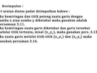 Kesimpulan :

ri uraian diatas padat disimpulkan bahwa :

ka kemiringan dan titik potong suatu garis dengan
umbu x atau sumbu y diketahui maka gunakan adalah
ersamaan 3.11.
ka kemiringan suatu garis diketahui dan garis tersebut
melalui titik tertentu, misal (x 1 ,y 1 ), maka gunakan pers. 3.13
ka suatu garis melalui titik-titik (x 1 ,y 1 ) dan (x 2 ,y 2 ) maka
unakan persaman 3.16.

 