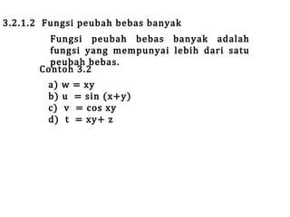 3.2.1.2 Fungsi peubah bebas banyak

Fungsi peubah bebas banyak adalah
fungsi yang mempunyai lebih dari satu
peubah bebas.
Contoh 3.2
a)
b)
c)
d)

w
u
v
t

= xy
= sin (x+y)
= cos xy
= xy+ z

 