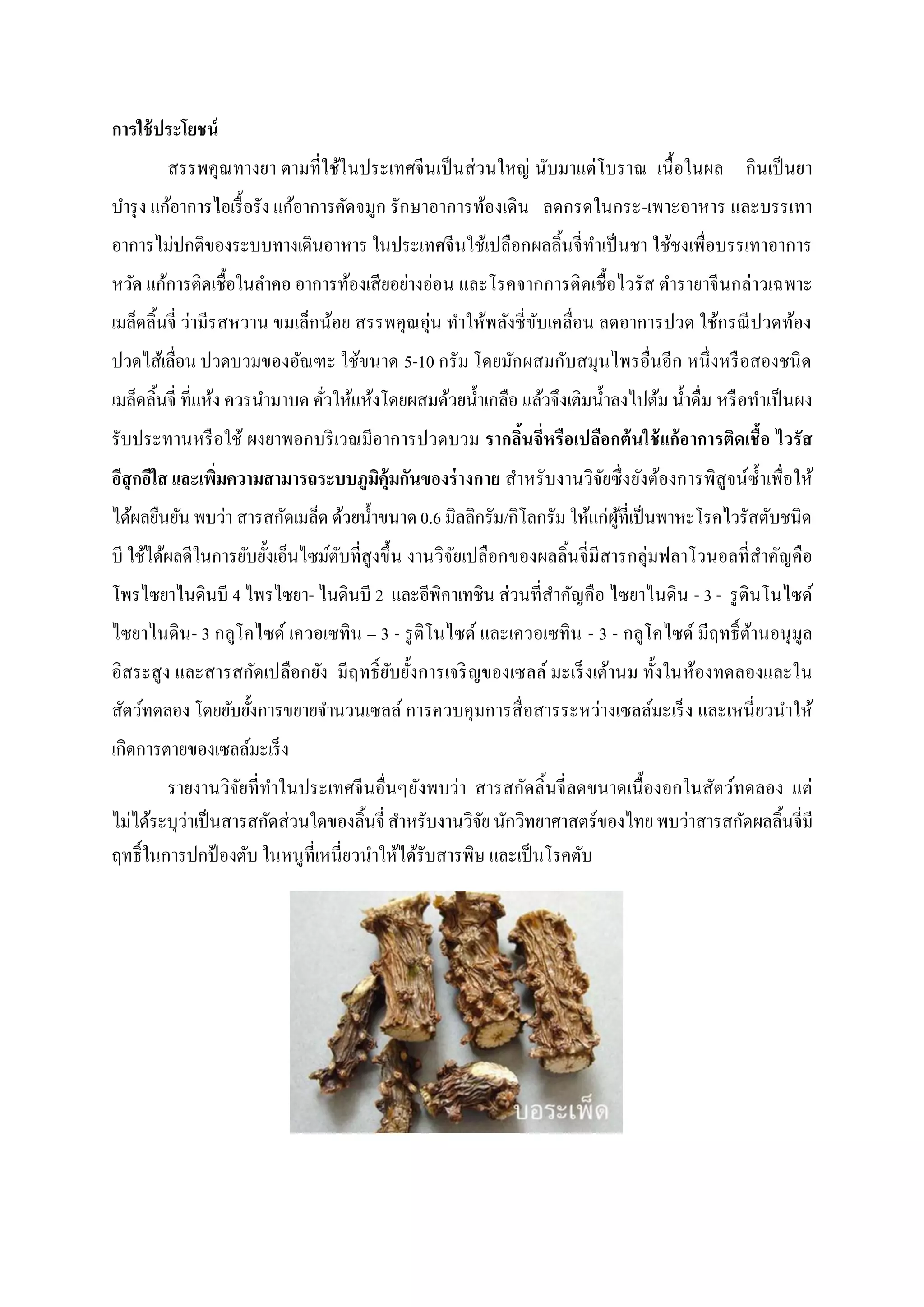 การใช้ ประโยชน์
สรรพคุณทางยา ตามที่ใช้ในประเทศจีนเป็ นส่ วนใหญ่ นับมาแต่โบราณ เนื้ อในผล กินเป็ นยา
บารุ ง แก้อาการไอเรื้ อรัง แก้อาการคัดจมูก รักษาอาการท้องเดิน ลดกรดในกระ-เพาะอาหาร และบรรเทา
อาการไม่ปกติของระบบทางเดินอาหาร ในประเทศจีนใช้เปลือกผลลิ้นจี่ทาเป็ นชา ใช้ชงเพื่อบรรเทาอาการ
หวัด แก้การติดเชื้อในลาคอ อาการท้องเสียอย่างอ่อน และโรคจากการติดเชื้อไวรัส ตารายาจีนกล่าวเฉพาะ
เมล็ดลินจี่ ว่ามีรสหวาน ขมเล็กน้อย สรรพคุณอุ่น ทาให้พลังชี่ขบเคลื่อน ลดอาการปวด ใช้กรณี ปวดท้อง
ั
้
ปวดไส้เลื่อน ปวดบวมของอัณฑะ ใช้ขนาด 5-10 กรัม โดยมักผสมกับสมุนไพรอื่นอีก หนึ่ งหรื อสองชนิ ด
เมล็ดลิ้นจี่ ที่แห้ง ควรนามาบด คัวให้แห้งโดยผสมด้วยน้ าเกลือ แล้วจึงเติมน้ าลงไปต้ม น้ าดื่ม หรื อทาเป็ นผง
่
รับประทานหรื อใช้ ผงยาพอกบริ เวณมีอาการปวดบวม รากลินจี่หรือเปลือกต้ นใช้ แก้ อาการติดเชื้อ ไวรัส
้
อีสุกอีใส และเพิมความสามารถระบบภูมคุ้มกันของร่ างกาย สาหรับงานวิจยซึ่งยังต้องการพิสูจน์ซ้ าเพื่อให้
่
ิ
ั
ได้ผลยืนยัน พบว่า สารสกัดเมล็ด ด้วยน้ าขนาด 0.6 มิลลิกรัม/กิโลกรัม ให้แก่ผที่เป็ นพาหะโรคไวรัสตับชนิด
ู้
บี ใช้ได้ผลดีในการยับยั้งเอ็นไซม์ตบที่สูงขึ้น งานวิจยเปลือกของผลลิ้นจี่มีสารกลุ่มฟลาโวนอลที่สาคัญคือ
ั
ั
โพรไซยาไนดินบี 4 ไพรไซยา- ไนดินบี 2 และอีพิคาเทชิน ส่วนที่สาคัญคือ ไซยาไนดิน - 3 - รู ตินโนไซด์
ไซยาไนดิน- 3 กลูโคไซด์ เควอเซทิน – 3 - รู ติโนไซด์ และเควอเซทิน - 3 - กลูโคไซด์ มีฤทธิ์ ต้านอนุ มูล
อิสระสูง และสารสกัดเปลือกยัง มีฤทธิ์ยับยั้งการเจริ ญของเซลล์ มะเร็ งเต้านม ทั้งในห้องทดลองและใน
สัตว์ทดลอง โดยยับยั้งการขยายจานวนเซลล์ การควบคุมการสื่ อสารระหว่างเซลล์มะเร็ ง และเหนี่ ยวนาให้
เกิดการตายของเซลล์มะเร็ ง
รายงานวิจยที่ทาในประเทศจีนอื่นๆยังพบว่า สารสกัดลิ้นจี่ลดขนาดเนื้ องอกในสัตว์ทดลอง แต่
ั
ไม่ได้ระบุว่าเป็ นสารสกัดส่วนใดของลิ้นจี่ สาหรับงานวิจย นักวิทยาศาสตร์ของไทย พบว่าสารสกัดผลลิ้นจี่มี
ั
ฤทธิ์ในการปกป้ องตับ ในหนูที่เหนี่ยวนาให้ได้รับสารพิษ และเป็ นโรคตับ

 