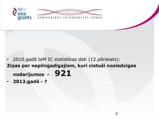 • 2010.gadā IeM IC statistikas dati (12.pārskats):
Ziņas par nepilngadīgajiem, kuri cietuši noziedzīgos
nodarījumos -

921...