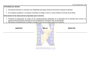 CICLO ESCOLAR 2013 - 2014

Prioridades por atender:
Se requiere promover su inclusión a los integrantes del equipo donde se encuentre y al grupo en general.
En el aspecto académico, se requiere monitorear su trabajo y hacer un mayor énfasis en el trazo de las letras.
Descripción de las adecuaciones propuestas para el alumno:
Promover la participación de Carlos en los cuestionamientos planteados en el desarrollo de la actividad para conocer su
opinión acerca del cuento y permitir que sus compañeros lo conozcan más, en ese sentido.
Monitorear constantemente su trabajo y corregir el trazo de sus letras cuando es necesario.

MAESTRO

SELLO

DIRECTOR

 