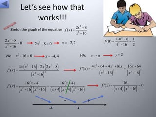 Let’s see how that
works!!!
2x 2 - 8
Sketch the graph of the equation f (x) = 2
x -16
2x - 8
=0
2
x -16
2

VA:

2x 2 - 8 = 0

x 2 -16 = 0

f '(x) =

f '(x) =

2 × 02 - 8 1
f (0) = 2
=
0 -16 2

x = -2, 2

x = -4, 4

HA:

4x ( x 2 -16) - 2x ( 2x 2 - 8)

(x

(x

2

-16)

16 ( x - 4)

2

-16) ( x 2 -16)

-

f '(x) =

2

=

16 ( x - 4)

·

-4

·

4

4x 3 - 64 - 4x 3 +16x

(x

2

-16)

f '(x) =

( x + 4) ( x - 4) ( x 2 -16)

-

y=2

m=n

+

2

=

16x - 64

(x

2

-16)

2

16
=0
2
( x + 4) ( x -16)

 