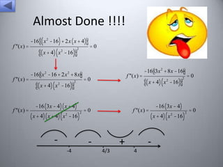 Almost Done !!!!
f "(x) =

-16 é( x 2 -16) + 2x ( x + 4)ù
ë
û
é( x + 4) ( x -16)ù
ë
û

2

2

-16 é x -16 + 2x + 8xù
ë
û
2

f "(x) =

f "(x) =

=0

2

é( x + 4) ( x 2 -16)ù
ë
û

2

-16 (3x - 4) ( x + 4)

( x + 4 ) ( x + 4) ( x

-

2

-16)

·
-4

2

=0

=0

f "(x) =

-16 é3x 2 + 8x -16ù
ë
û
é( x + 4) ( x -16)ù
ë
û

f "(x) =

2

2

-16 (3x - 4)

( x + 4) ( x

- · + · 4/3
4

=0

2

-16)

2

=0

 