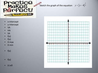 Sketch the graph of the equation

•
•
•
•
•
•
•
•
•

x-intercept
y-intercept
VA
HA
SA
f(x)
f(x)
X max
X min

• f(x)
• f(x)
• X infl

y = ( x - 4)

2
3

 