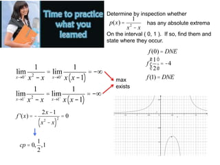 Determine by inspection whether

p(x) =

1
x2 - x

has any absolute extrema

On the interval ( 0, 1 ). If so, find them and
state where they occur.

1
1
lim 2
= lim
= -¥
+
+
x®0 x - x
x®0 x x -1
( )
1
1
lim 2
= lim
= -¥
x®1 x - x
x®1 x x -1
( )
f '(x) = -

2x -1

(x

2

1
cp = 0, ,1
2

- x)

2

max
exists

f (0) = DNE
æ1ö
f ç ÷ = -4
è2ø
f (1) = DNE

=0

·

 