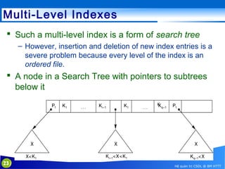 Multi-Level Indexes
 Such a multi-level index is a form of search tree
– However, insertion and deletion of new index entries is a
severe problem because every level of the index is an
ordered file.

 A node in a Search Tree with pointers to subtrees
below it

23

Hệ quản trị CSDL @ BM HTTT

 