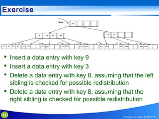 Exercise

 Insert a data entry with key 9
 Insert a data entry with key 3
 Delete a data entry with key 8, assuming that the left
sibling is checked for possible redistribution
 Delete a data entry with key 8, assuming that the
right sibling is checked for possible redistribution
52

Hệ quản trị CSDL @ BM HTTT

 