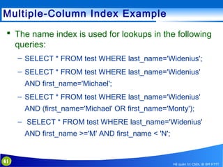 Multiple-Column Index Example
 The name index is used for lookups in the following
queries:
– SELECT * FROM test WHERE last_name='Widenius';
– SELECT * FROM test WHERE last_name='Widenius'
AND first_name='Michael';
– SELECT * FROM test WHERE last_name='Widenius'
AND (first_name='Michael' OR first_name='Monty');
– SELECT * FROM test WHERE last_name='Widenius'
AND first_name >='M' AND first_name < 'N';

61

Hệ quản trị CSDL @ BM HTTT

 