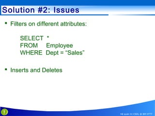 Solution #2: Issues
 Filters on different attributes:
SELECT *
FROM Employee
WHERE Dept = “Sales”
 Inserts and Deletes

7

Hệ quản trị CSDL @ BM HTTT

 