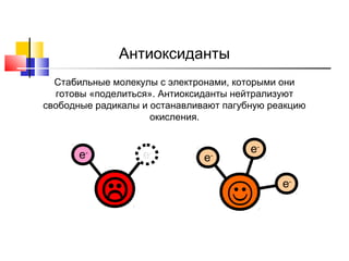 Антиоксиданты
Стабильные молекулы с электронами, которыми они
готовы «поделиться». Антиоксиданты нейтрализуют
свободные радикалы и останавливают пагубную реакцию
окисления.

e

e

-

-



e-

e-



e-

 