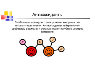 Антиоксиданты
Стабильные молекулы с электронами, которыми они
готовы «поделиться». Антиоксиданты нейтрализуют
свободные радикалы и останавливают пагубную реакцию
окисления.

e-

e-



e-



e-

 