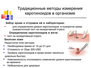 Традиционные методы измерения
каротиноидов в организме
Забор крови и отправка её в лабораторию:

для определения уровня каротиноидов в сыворотке крови
сывороточный тест на оксидативный стресс
Определение каротиноидов в моче:
 тест на оксидативный стресс
Биопсия кожи
Недостатки этих методик

Необходимое время от 14 до 21 дня

Стоимость от 25до 300 USD

Уровень каротиноидов в крови может меняться
довольно быстро.

Невозможность отслеживать изменение уровня каротиноидов
во времени

Небезопасно для здоровья

 