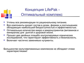 Концепция LifePak Оптимальный комплекс









Учтены все рекомендации по рациональному питанию.
Все компоненты входят состав в дозах, формах и соотношениях
обладающих наибольшей биодоступностью и эффективностью.
Оптимальные количества микро и макронутриентов (витаминов и
минералов) для долгой и здоровой жизни.
Прошел два двойных плацебо контролируемых клинических
исследования, что гарантирует эффективность и безопасность.
Включает частично заменимые нутриенты.

Большинство мультивитаминных комплексов не обладают этими
характеристиками!

 