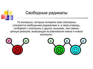 Свободные радикалы
Те молекулы, которые потеряли свои электроны
становятся свободными радикалами и, в свою очередь,
«отбирают» электроны у других, вызывая, тем самым,
цепную реакцию, выводящую из равновесия новые и новые
молекулы.

e-

e-



e-

e-



e-



 