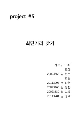 project #5




      최단거리 찾기



                 자료구조 D0
                      조장
             20093468 김 현호
                      조원
             20113293 서 상현
             20093463 김 창헌
             20093530 최 고봉
             20113281 김 정무
 