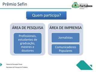 ÁREA DE PESQUISA
Profissionais,
estudantes de
graduação,
mestres e
doutores
ÁREA DE IMPRENSA
Jornalistas
Comunicadores
Populares
Célula de Educação Fiiscal
Secretaria de Finanças de Fortaleza
Quem participa?
Prêmio Sefin
 