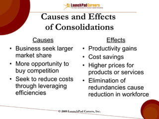 Causes and Effects  of Consolidations ,[object Object],[object Object],[object Object],[object Object],[object Object],[object Object],[object Object],[object Object],[object Object],© 2009 LaunchPad Careers, Inc. 
