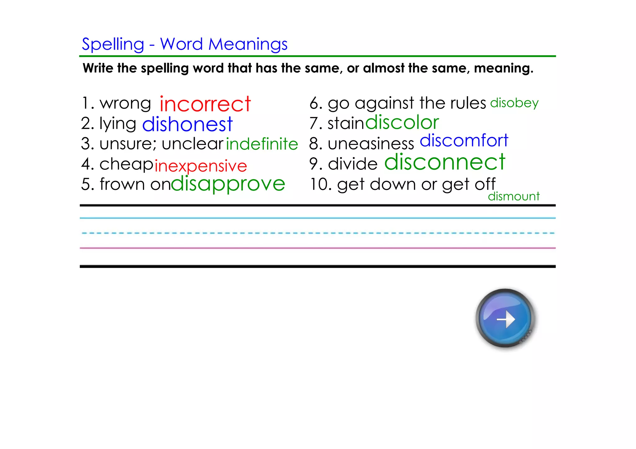 Spelling ­ Word Meanings
Write the spelling word that has the same, or almost the same, meaning.

1. wrong incorrect                 6. go against the rules disobey
2. lying dishonest                 7. staindiscolor
3. unsure; unclear indefinite      8. uneasiness discomfort
4. cheap inexpensive               9. divide disconnect
5. frown ondisapprove              10. get down or get off
                                                               dismount
 