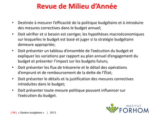 Revue de Milieu d’Année
• Destinée à mesurer l’efficacité de la politique budgétaire et à introduire
des mesures correctives dans le budget annuel;
• Doit vérifier et si besoin est corriger, les hypothèses macroéconomiques
sur lesquelles le budget est basé et juger si la stratégie budgétaire
demeure appropriée;
• Doit présenter un tableau d’ensemble de l’exécution du budget et
expliquer les variations par rapport au plan annuel d’engagement du
budget et présenter l’impact sur les budgets futurs;
• Doit présenter les flux de trésorerie et le détail des opérations
d’emprunt et de remboursement de la dette de l’État;
• Doit présenter le détails et la justification des mesures correctives
introduites dans le budget;
• Doit présenter toute mesure politique pouvant influencer sur
l’exécution du budget.

| 18 | « Gestion budgétaire »

| 2013

 
