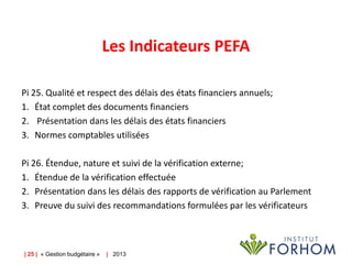Les Indicateurs PEFA
Pi 25. Qualité et respect des délais des états financiers annuels;
1. État complet des documents financiers
2. Présentation dans les délais des états financiers
3. Normes comptables utilisées
Pi 26. Étendue, nature et suivi de la vérification externe;
1. Étendue de la vérification effectuée
2. Présentation dans les délais des rapports de vérification au Parlement
3. Preuve du suivi des recommandations formulées par les vérificateurs

| 25 | « Gestion budgétaire »

| 2013

 