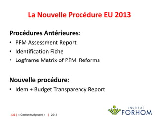La Nouvelle Procédure EU 2013
Procédures Antérieures:
• PFM Assessment Report
• Identification Fiche
• Logframe Matrix of PFM Reforms

Nouvelle procédure:
• Idem + Budget Transparency Report

| 32 | « Gestion budgétaire »

| 2013

 